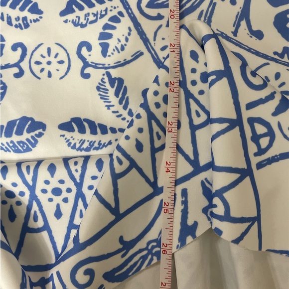 Blue & white tile grand millennial print off shoulder ruffle flounce mini dress - Picture 7 of 9